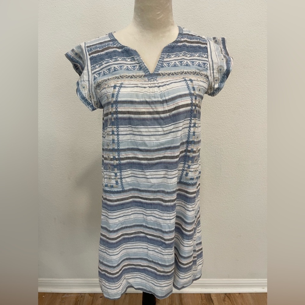 THML Flutter Sleeve Embroidered Tunic Dress Blue Striped Spring Women Size Small